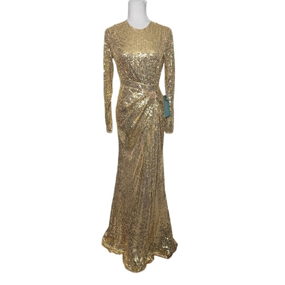 Mac Duggal Dress Gold Sequin Gown Long Sleeve Gathered‎ Waist Size 4 - Picture 1 of 10